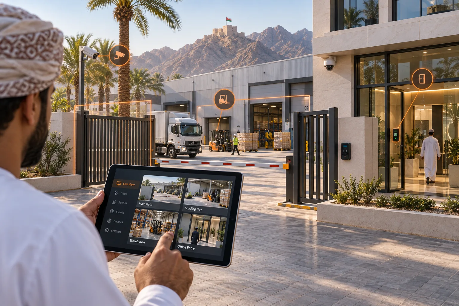 Illustration of business premises with CCTV cameras and a conceptual monitoring tablet