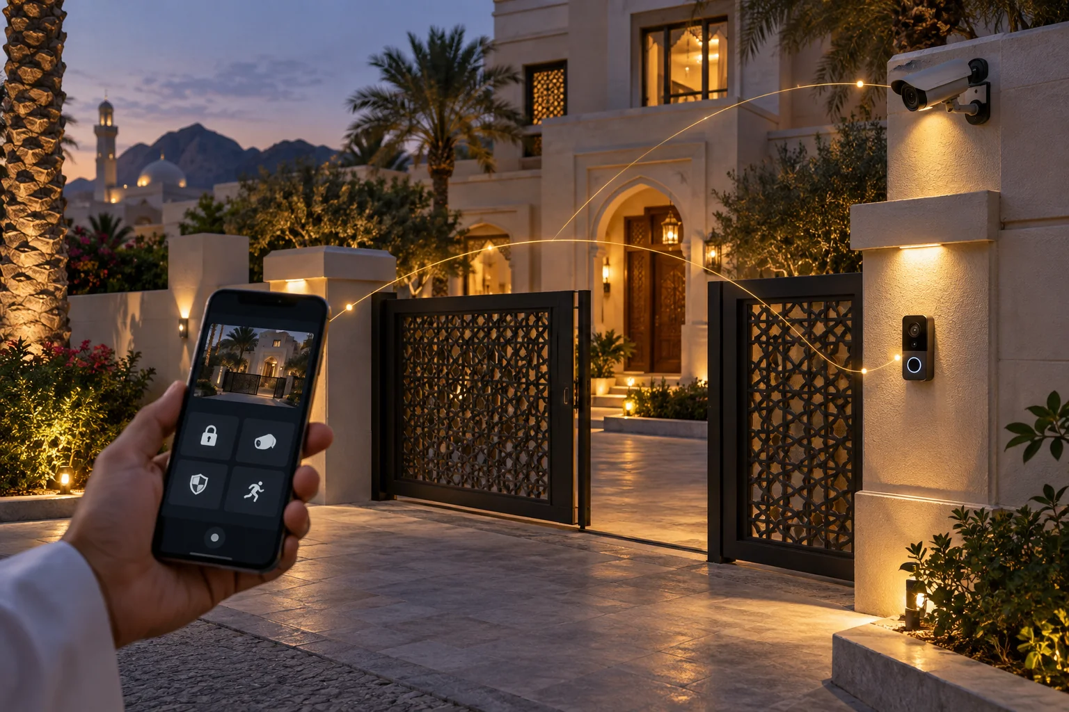Illustration of a home entrance with a CCTV camera and a conceptual phone display