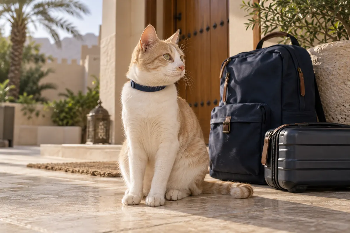 Concept image of a cat beside a bag and suitcase