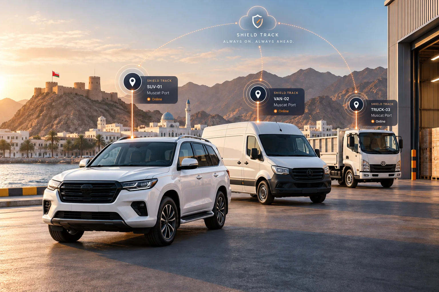 Illustration of an SUV, van and truck in an Oman waterfront setting.
